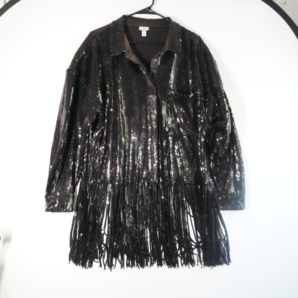 VTG River Island Sequin Fringe Festival Party Shirt Fringe Top Black Womens LG